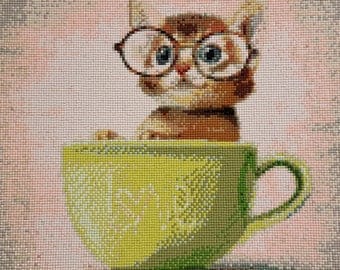 Beautiful / Cute Nerdy Kitty in Teacup / Love Diamond Painting