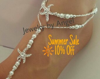 Beach wedding barefoot sandals-Bridal foot jewelry Rhinestone starfish barefoot sandals Barefoot Sandals Bridal shoes Footless sandals