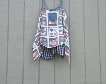 Americana,Fourth of July,patriotic,upcycle,repurposed clothing,summer top,tunic,red,white,blue,tank top,denim,artsy clothing,boho, clothing