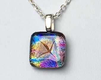Glass Pendnant Necklace, fused dichroic glass with Black Silicone Cord