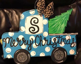 Red Checkered Truck Christmas Door Hanger - 13x20 Inch Briarwood Lane Welcome Holiday Decor