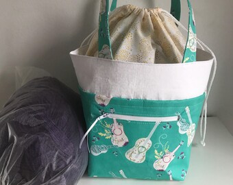 Guitar Knitting project bag, medium luxury knitting bag, Handbag, Craft Bag, Crochet Bag, Yarn Bag, WIP Bag, Drawstring bag, Project bag