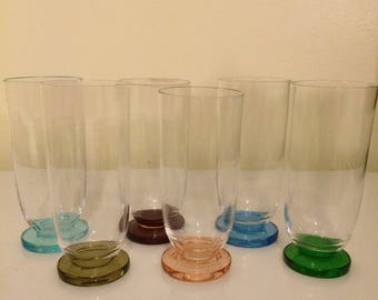 Vintage drinking glasses, colorful glassware, cocktail glasses, footed glasses, multi colored glassware set, set of 6,