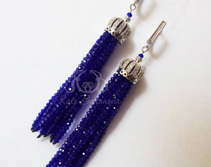 Blue Beaded Tassel Earrings Royal Tassle Earrings Luxury Fringe Earrings Oscar De La Renta Style Long Tassle Earrings Statement earrings