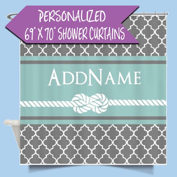 Personalized Name Shower Curtain | Custom Shower Curtain | Gray and Mint Quatrefoil Rope Personalized Shower Curtain | Personalized Bath