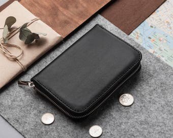 Leather bifold wallet men, fine men's wallet, men's quality leather wallets, leather billfold, black personalized leather zipper wallets