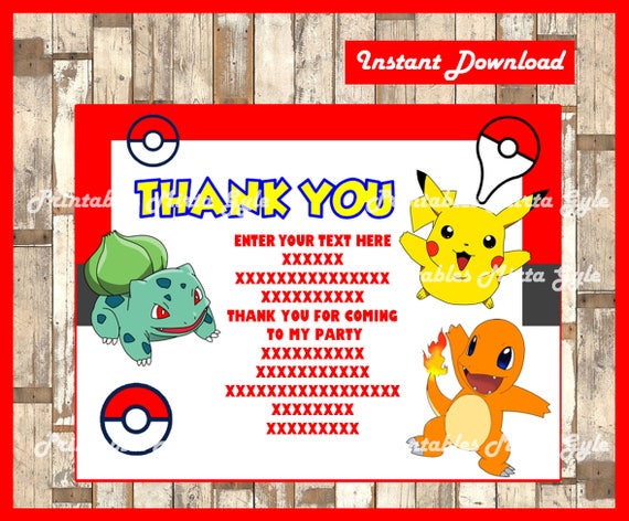 Pokemon Thank You Cards Instant Download Fill-In type on