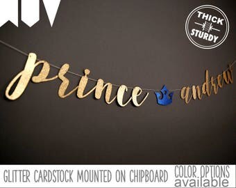 prince banner with personalized name, fairy tale baby shower, prince baby shower, royal prince birthday, glitter banners, cursive banner