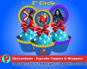 Descendants - Cupcake Toppers and Wrappers - 2 Border Colors 14 Designs - 30 pdf letter size 300 dpi - Descendants Party - Instant Download