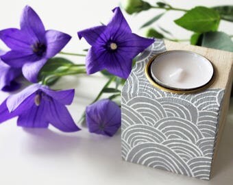 Wood candle holder handpainted "Waves"