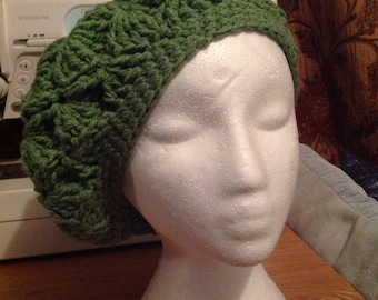 chunky knit warm beret, beanie hat, hand made, hand crochet hat in sage green