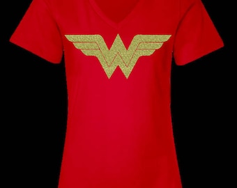 Wonder Woman Shirt Running Tank Top, Wonder Woman Marathon with Gold Glitter WW Logo, Costume Women's V Neck T Shirt, Wonder Women Tee