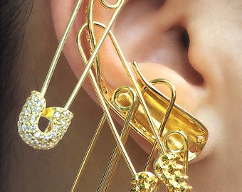 Accurate Harley Quinn Gold Ear-Cuff. Suicide Squad. Harley Quinn cosplay accessories. Wrap part with two Cubic Zirconia (C.Z) safety pins