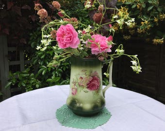 Victorian large jug, pitcher, vase for flowers, green, pink roses