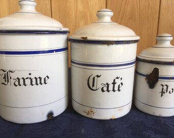 French enamel cannister set of 3