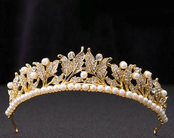 Gold tiara,Pearl Tiara, Diamante Tiara, Leaf Pearl Wedding Tiara, Bridal Tiara,Bridal gold tiara,Gold Pearl Tiara,Silver tiara.