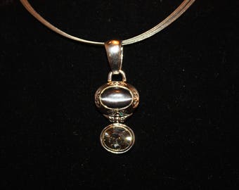 Silver Tone Grey Tiger Eye and Crystal Pendant on 10 Strand Silver Tone Collar