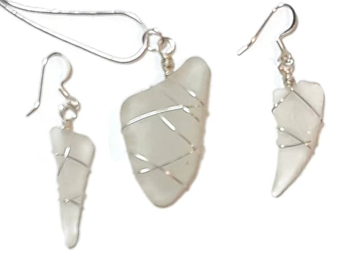 White Authentic Lake Michigan Beach Glass - Wire Wrapped silver artistic wire - For Her - Beautiful Necklace and Earring Set