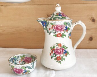 Floradora Coffee Pot and Sugar Bowl, English china, Antique Floral coffee pot, Floral sugar bowl