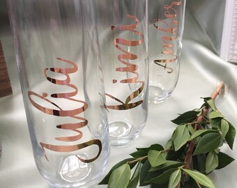 Personalized Stemless Champagne Glasses Bridesmaid Gifts Bridal Party Rose Gold Yellow Gold Copper