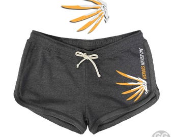 mercy shorts , heroes, never, die wings shorts terry soft heather charcoal navy gold white custom,ggez support gaming,gamers,overwatch