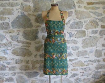 Green Provencal print kitchen apron, vintage French pinny