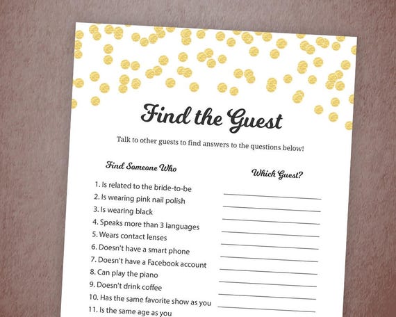 Find The Guest Bridal Shower Game Gold Confetti Bridal Shower