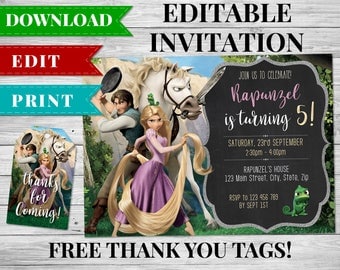 Rapunzel Invitation, Tangled Invitation, Rapunzel Birthday Party, Tangled Birthday Party, Rapunzel Thank You Tags, Tangled Thank You Cards