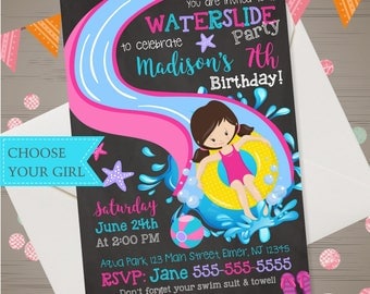 WATER SLIDE Invitation Girls Water Slide Birthday Invitation Waterslide Birthday Waterslide Invitation Backyard Summer Pool Party Water Park