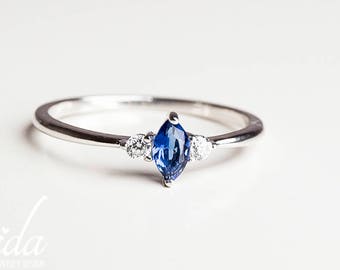 Blue Sapphire Engagement Ring - Gemstone Engagement Ring - White Sapphire Engagement Ring - Promise Ring For Her - 14K White Gold Ring