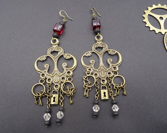 Earrings steampunk retro Victorian key padlock lava red glass stone