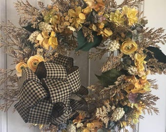 Fall Wreath - yellows and beiges with black and tan checked bow