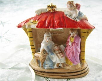 Vintage Japan Nativity Candleholder, Dime Store Nativity, Glazed Pottery Manger, Rare Nativity Scene,Japan Made, Holy Family in Manger