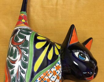 Talavera cat/ cat statue / cat ring holder / Mexican cat/ garden statue / Mexican folk art/ gato/ gato de talavera/ cat figurine