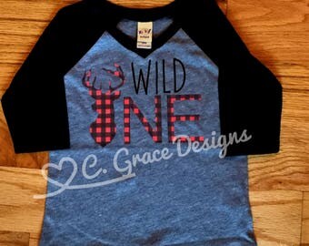 Wild one birthday shirt deer silhouette buffalo plaid
