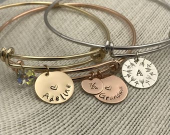 Custom Bangle Bracelet, Charm Bracelet, Custom Name Bracelet, Gift for Her, Graduation Gift, Birthday Gift, Silver, Gold, Rose Gold Bracelet