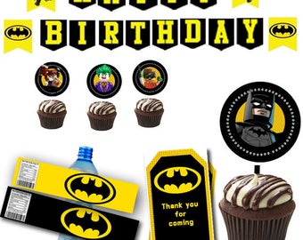 Lego Batman Birthday Party Package, Lego Batman Water bottle label, Lego Batman Cupcake topper, Lego batman Thankyou card, Birthday banner