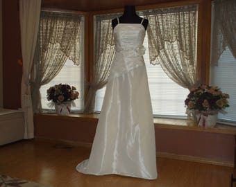 White/Silver Beaded Ivory Taffeta Wedding Gown