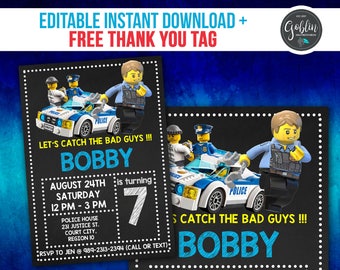 Lego Police Invitation, Lego Birthday Invitation, Police Birthday, Lego Police Party, Lego Police Invite, Lego Police Printable, Lego Police