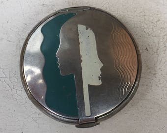 SALE! Vintage Deco Deauville Richard Hudnut Teal & Cream on Silver Compact