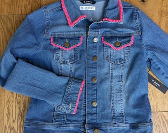Embellished stretch denim jacket with bright pink trim, size small