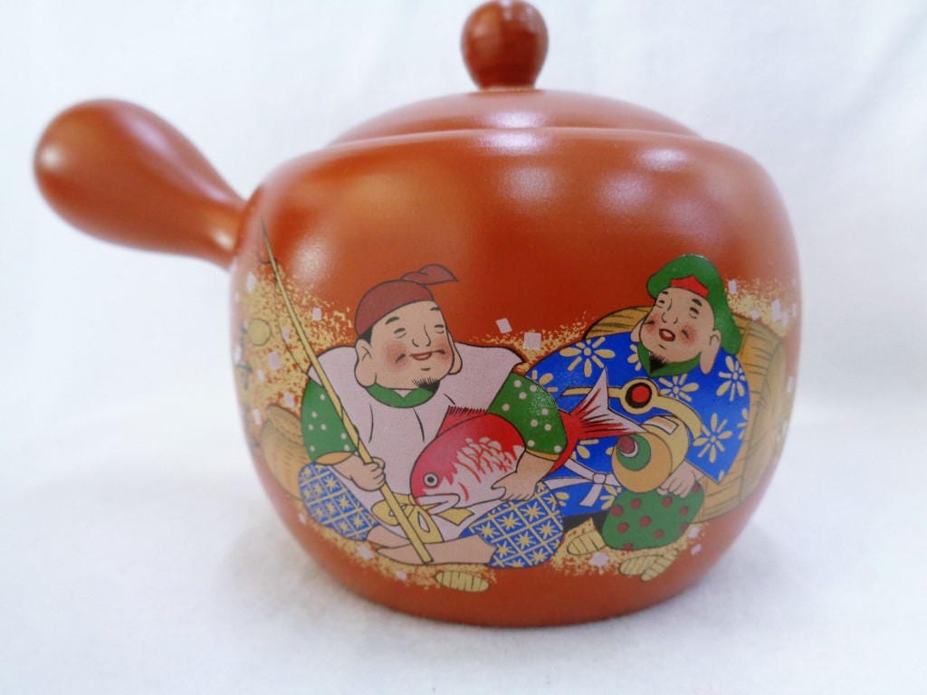 VJ63 Japanese BankoYaki pottery kyusu teapot with Ebisu and