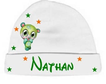 Personalized with name White Green Teddy bear baby Hat