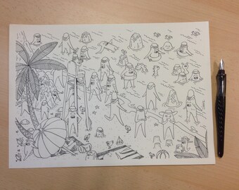 Black and white original drawing on ivory paper