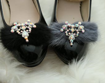 Fur Pom Pom Rhinestone Crystal Shoe Clips, Shoe Clips, Vintage Shoe Clips, Wedding Shoe Clips, Pom Pom Shoe Clips