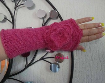 Mittens knit, crochet flower fuchsia