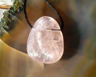 Rose quartz mounted black cord pendant
