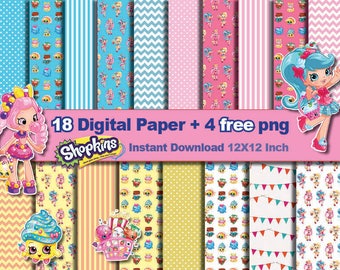 18 x Shopkins paper + 4 FREE PNG - Digital paper patterns - Scrapbooking Paper, Instant Download
