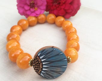 Vibrant Orange Jade Bracelet with Handpainted Zinnia
