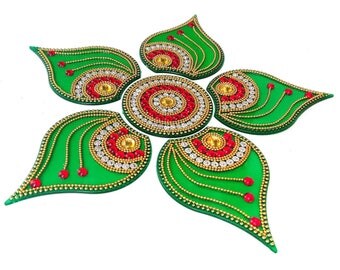 Designer Rangoli - Jewel Stone Decorations of Gold, Red, White Accents on Modak shape motifs with Center Piece -10 inch dia -6 piece set -